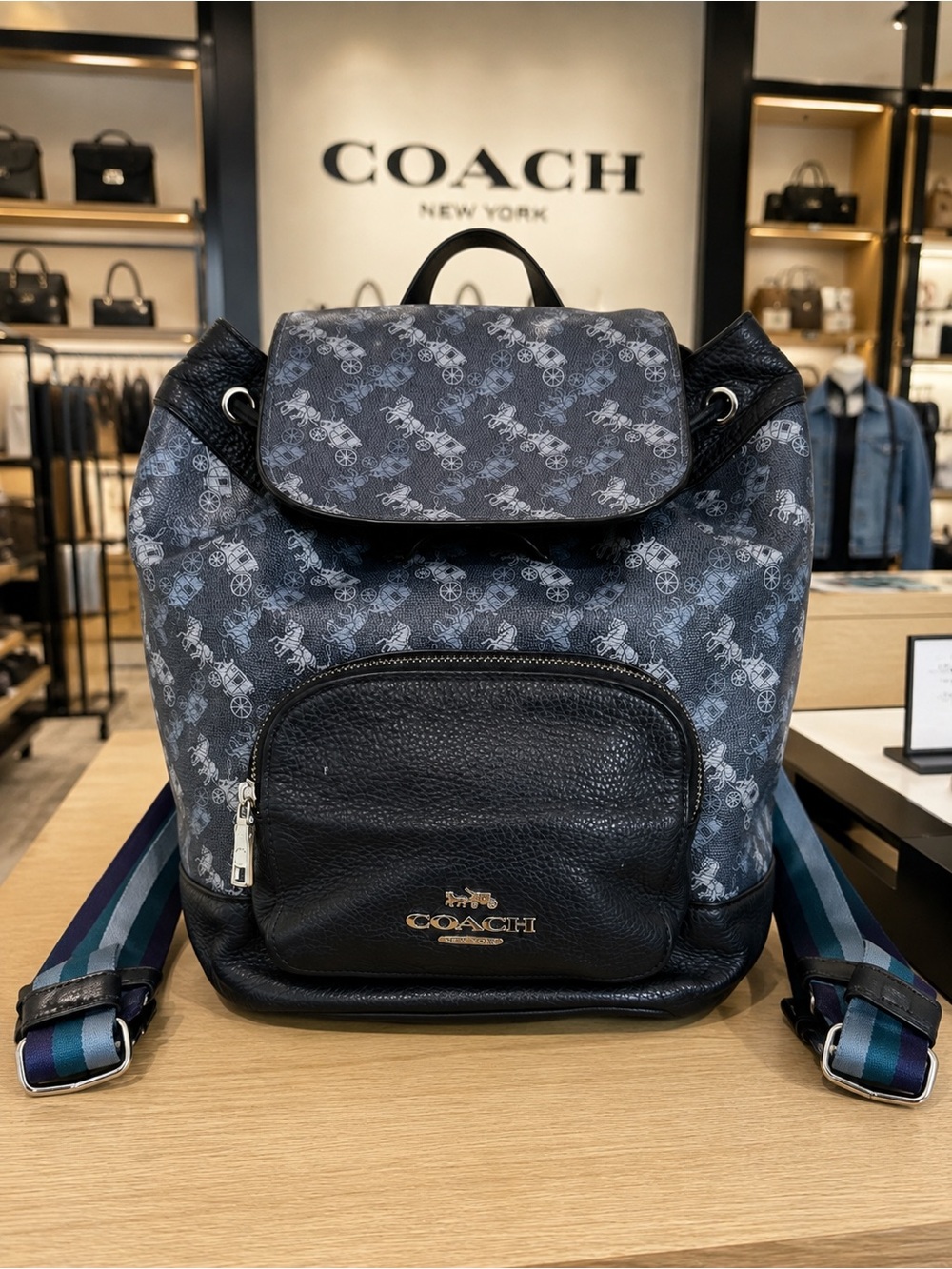 Coach Jes Horse & Carriage Print Backpack Leather Trim Stripe Straps